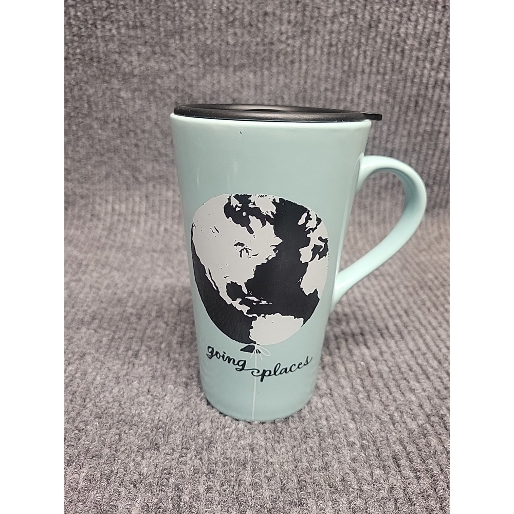 Hallmark‎ Going Places Globe Ceramic Travel Mug Mint Green Blue with Lid 6.5in